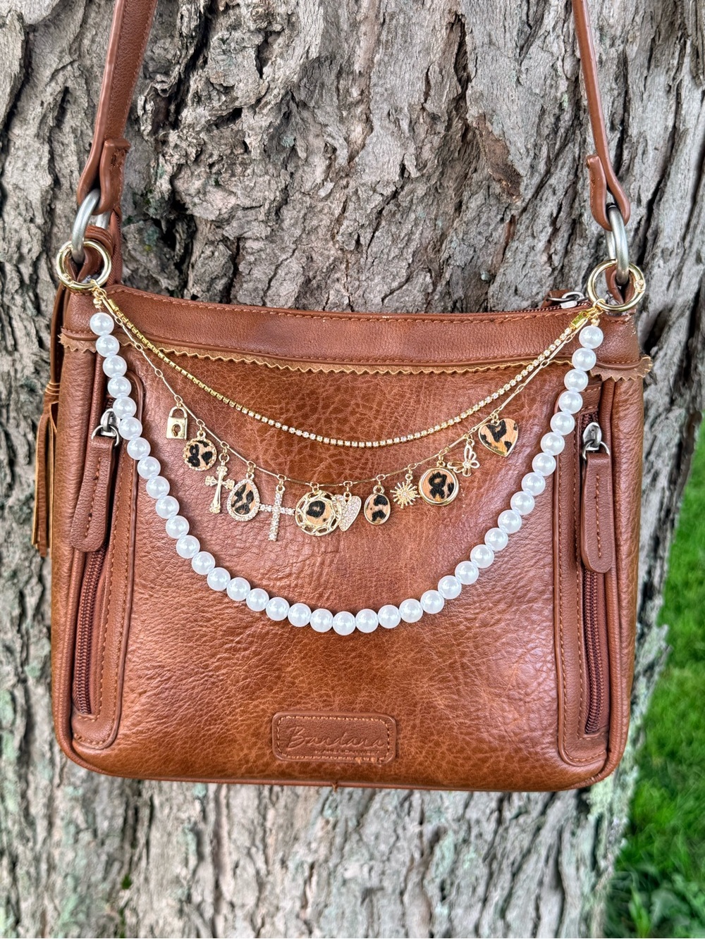 Western Boho Gold Link Purse Chain – Cheetah Print Charms, Pearl Strand